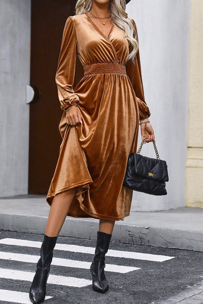 Camel Wrap V Neck Smocked High Waist Velvet Midi Dress-Dresses-MomFashion