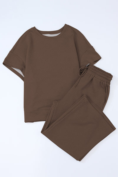 Brown Textured Loose Fit T Shirt and Drawstring Pants Set-Loungewear-MomFashion