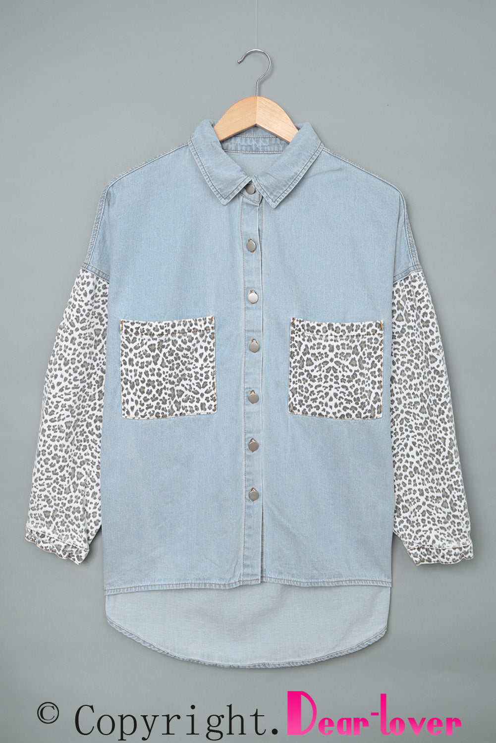 Sky Blue Contrast Leopard Denim Jacket-Outerwear-MomFashion
