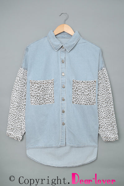 Sky Blue Contrast Leopard Denim Jacket-Outerwear-MomFashion