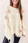 Beige Starry Long Sleeve Raw Hem Sweater-Tops-MomFashion