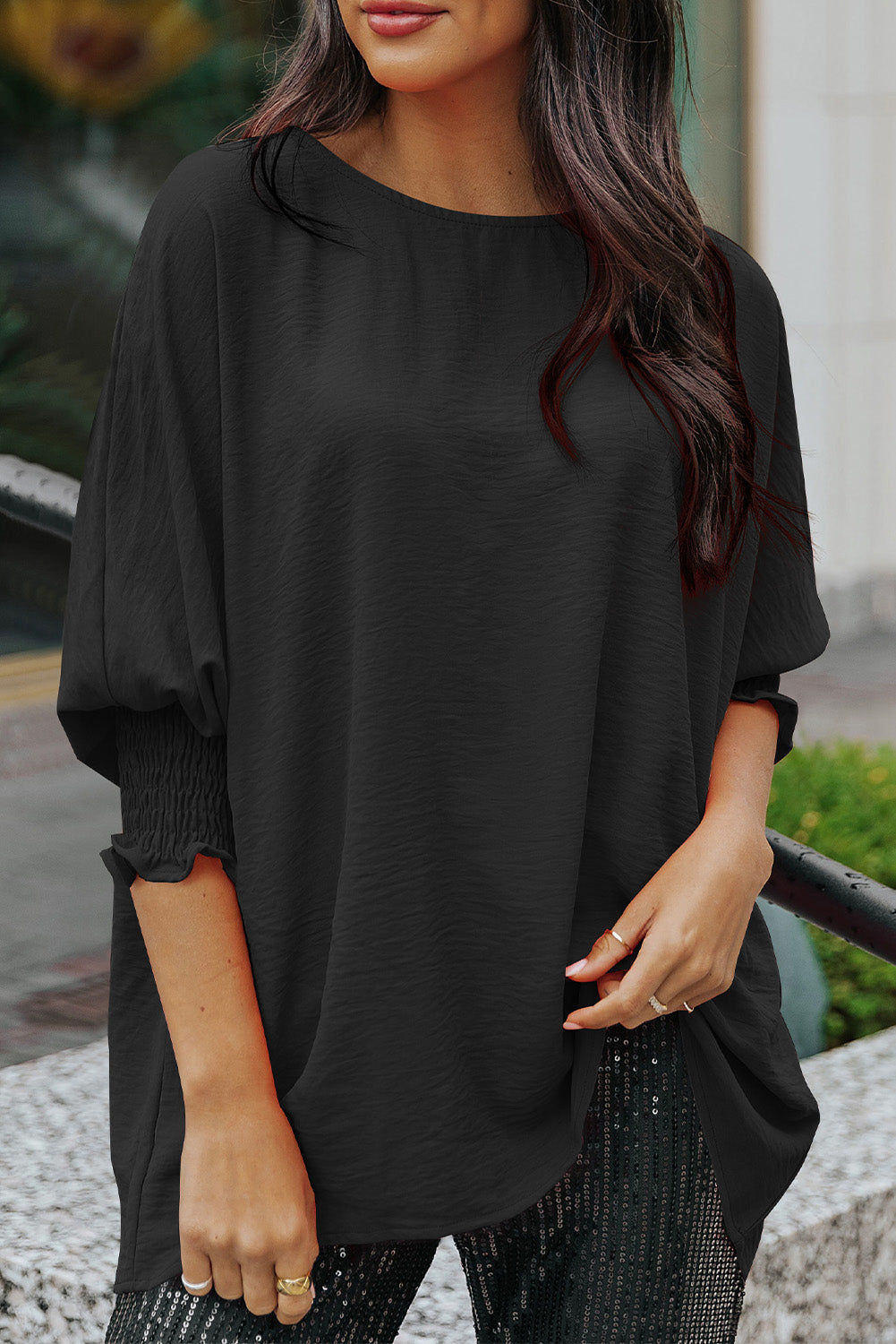 Black Smocked Wrist Shift Top-Tops-MomFashion