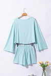 Sky Blue Long Sleeve Top & Shirred High Waist Shorts Set-Loungewear-MomFashion