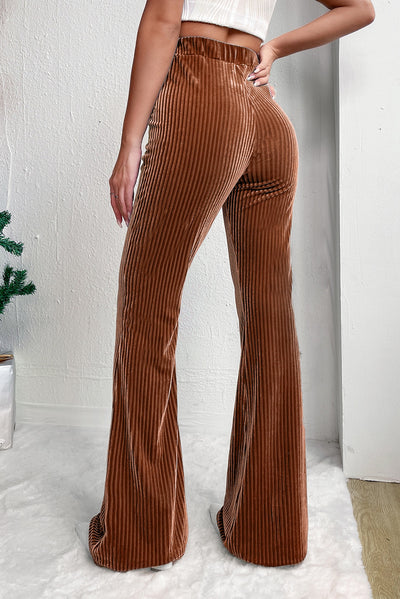 Chestnut Solid Color High Waist Flare Corduroy Pants-Bottoms-MomFashion