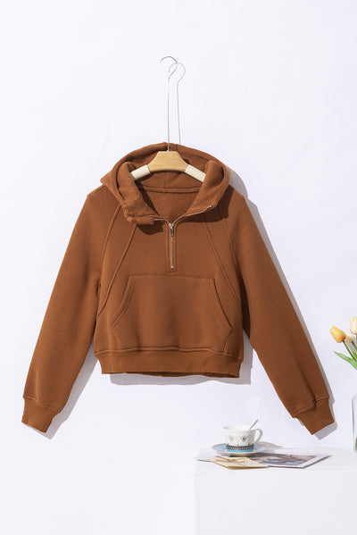 Brown Quarter Zip Kangaroo Pocket Hoodie-Tops-MomFashion