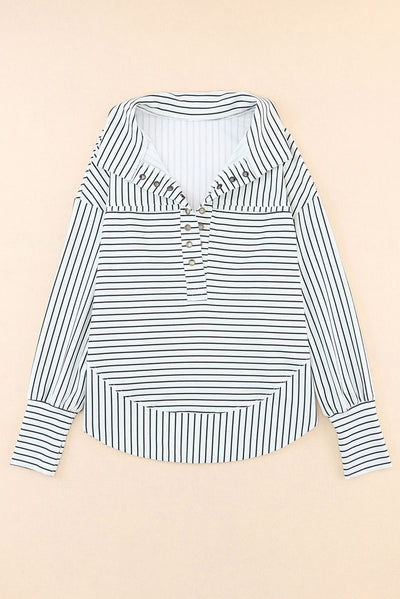 White Striped Thumbhole Drop Shoulder V Neck Top-Tops-MomFashion