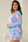 Sky Blue Plus Size Floral Print Long Sleeve and Shorts Lounge Outfit-Plus Size-MomFashion