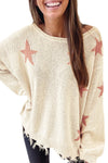 Beige Starry Long Sleeve Raw Hem Sweater-Tops-MomFashion