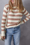 Brown Striped Round Neck Casual Sweater-Tops-MomFashion