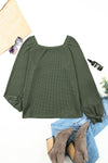 Green Scoop Neck Puff Sleeve Waffle Knit Top-Tops-MomFashion