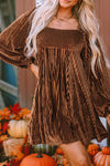 Brown Tie Back Square Neck Velvet Babydoll Dress-Dresses-MomFashion