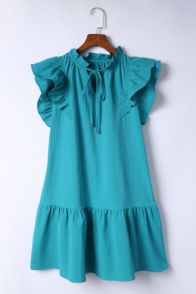 Green Tiered Ruffled Sleeves Mini Dress with Pockets-Dresses-MomFashion