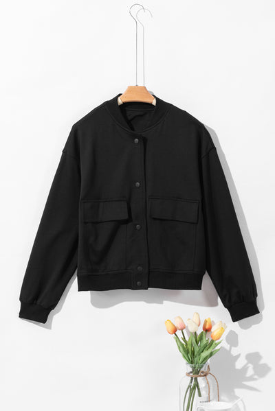 Black Big Pockets Baseball Collar Jacket-Outerwear-MomFashion