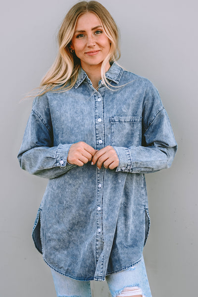 Sky Blue Vintage Washed Chest Pocket Denim Shirt-Tops-MomFashion