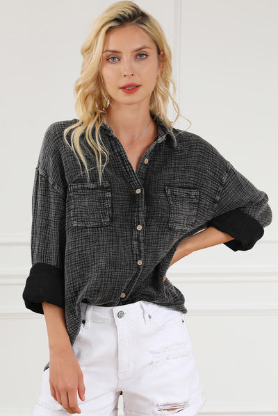 Black Mineral Wash Crinkle Textured Chest Pockets Shirt-Tops-MomFashion