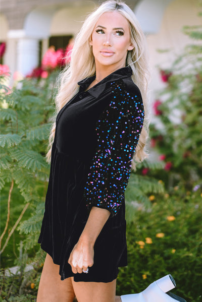 Black Sequin Puff Sleeve Buttoned Velvet Peplum Shirt-Tops-MomFashion