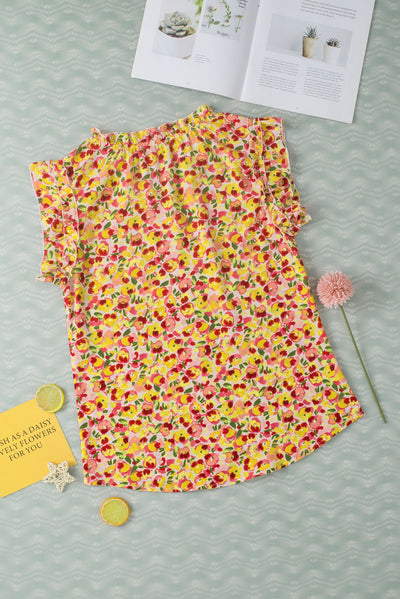 Yellow Floral Print Flutter Sleeve V Neck Tank Top-Tops-MomFashion