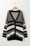 Black Colorblock Textured Knit Buttoned Cardigan-Tops-MomFashion