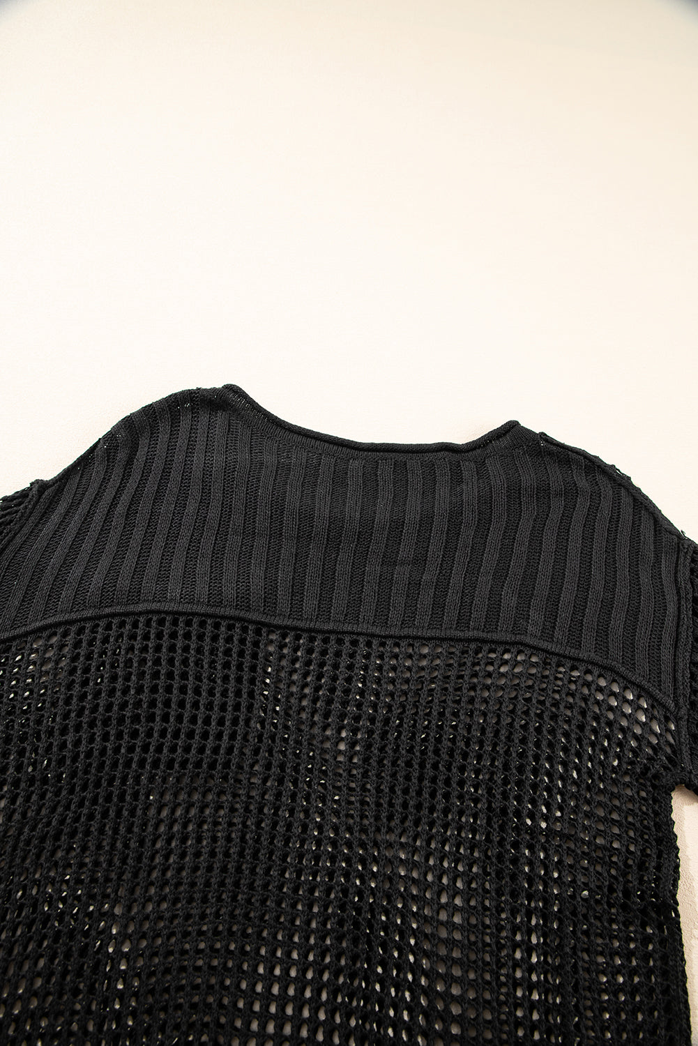 Black Fishnet Hollow-out Long Sleeve Beach Cover up-Swimwear-MomFashion