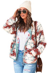 Fiery Red Western Aztec Buttoned Zipper Pockets Fleece Jacket-Outerwear-MomFashion