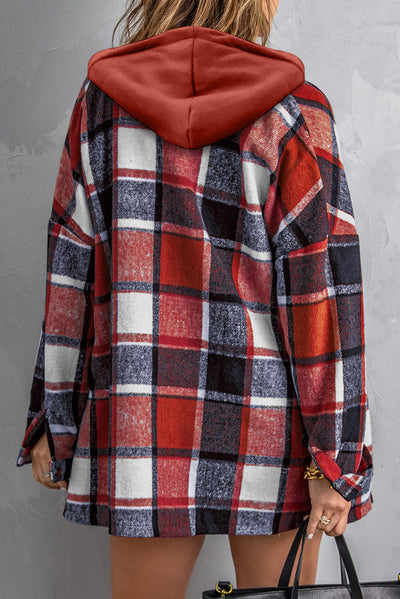 Fiery Red Hooded Plaid Button Front Shacket-Outerwear-MomFashion