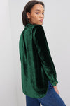 Blackish Green Frilled Neck Buttoned Front Velvet Top-Tops-MomFashion