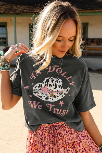 Gray WE TRUST IN DOLLY Western Fashion Graphic Tee-Graphic-MomFashion