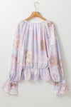 Purple Mixed Print Split Neck Ruffle Bubble Sleeve Blouse-Tops-MomFashion