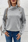 Gray Asymmetric Buttons Detail High Neck Textured Sweatshirt-Tops-MomFashion