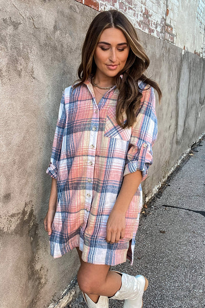 Pink Plaid Roll-tab Sleeve Side Slit Shirt Dress-Dresses-MomFashion