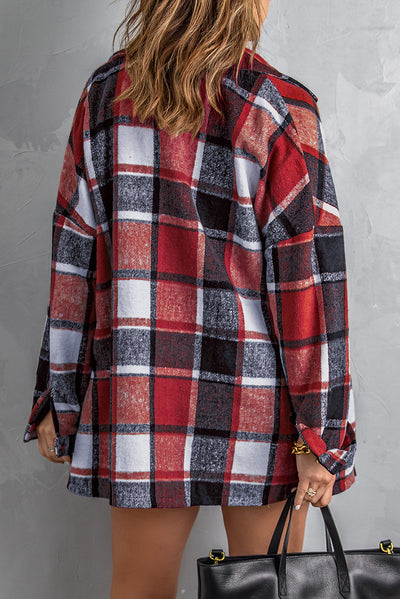 Red Plaid Print Buttoned Shirt Jacket-Outerwear-MomFashion