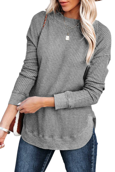 Gray Crew Neck Ribbed Trim Waffle Knit Top-Tops-MomFashion