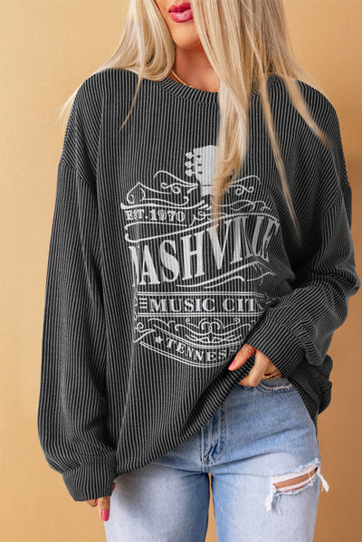 Black NASHVILLE MUSIC CITY Corded Graphic Sweatshirt-Tops-MomFashion