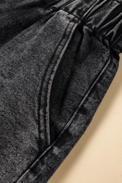 Black Vintage Washed Frilled High Waist Denim Shorts-Bottoms-MomFashion