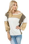 Khaki Exposed Seam Color Block Patchwork Top-Tops-MomFashion