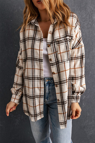 White Oversized Plaid Pattern Shacket with Slits-Outerwear-MomFashion