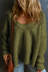 Pickle Green Ribbed Knit Round Neck Slouchy Chunky Sweater-Tops-MomFashion