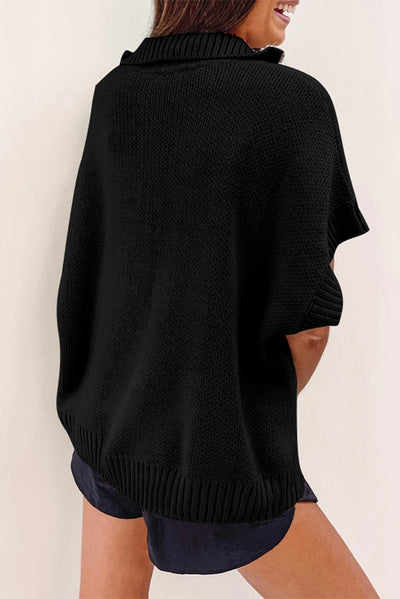 Black Quarter Zip Short Batwing Sleeve Sweater-Tops-MomFashion