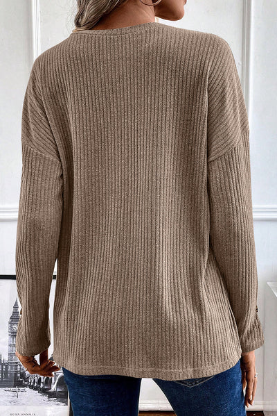 Pale Khaki Rib Textured Henley Knit Top-Tops-MomFashion