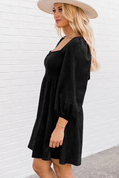 Black Suede Square Neck Puff Sleeve Dress-Dresses-MomFashion