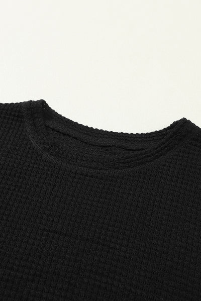 Black Waffle Knit High Slits Oversized Top-Tops-MomFashion