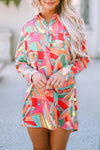 Multicolor Geometric Abstract Print Long Sleeve Shirt Dress-Dresses-MomFashion