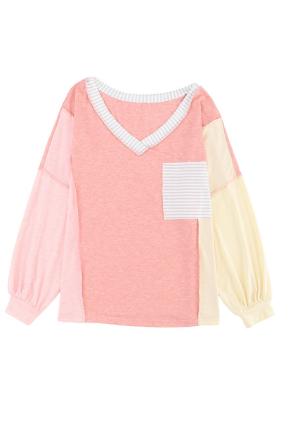 Striped Color Block Splicing Long Sleeve T Shirt-Tops-MomFashion