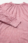 Rose Pink Contrast Lace Raglan Sleeve Plicate Round Neck Top-Tops-MomFashion