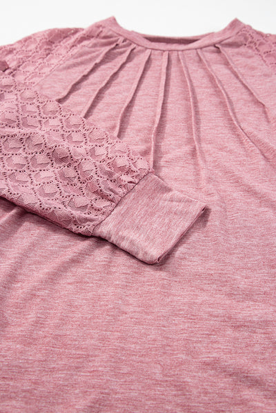 Rose Pink Contrast Lace Raglan Sleeve Plicate Round Neck Top-Tops-MomFashion