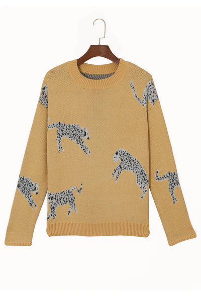 Camel Fuzzy Cheetah Accent Round Neck Sweater-Tops-MomFashion