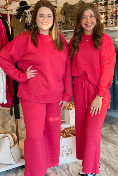 Strawberry Pink Checkered Textured Split Pullover Top and Pants Set-Two Piece Sets/Pant Sets-MomFashion