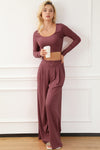 Solid Color Ribbed Crop Top Long Pants Set-Loungewear-MomFashion