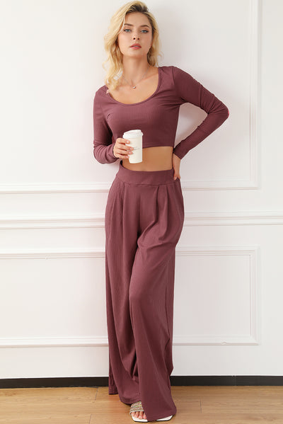 Solid Color Ribbed Crop Top Long Pants Set-Loungewear-MomFashion