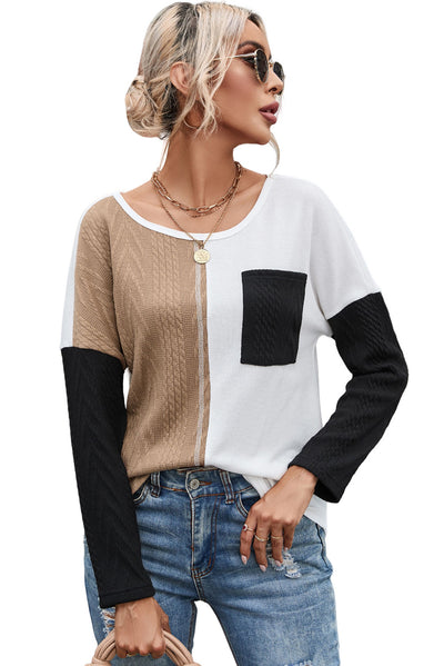 Black Long Sleeve Colorblock Chest Pocket Textured Knit Top-Tops-MomFashion